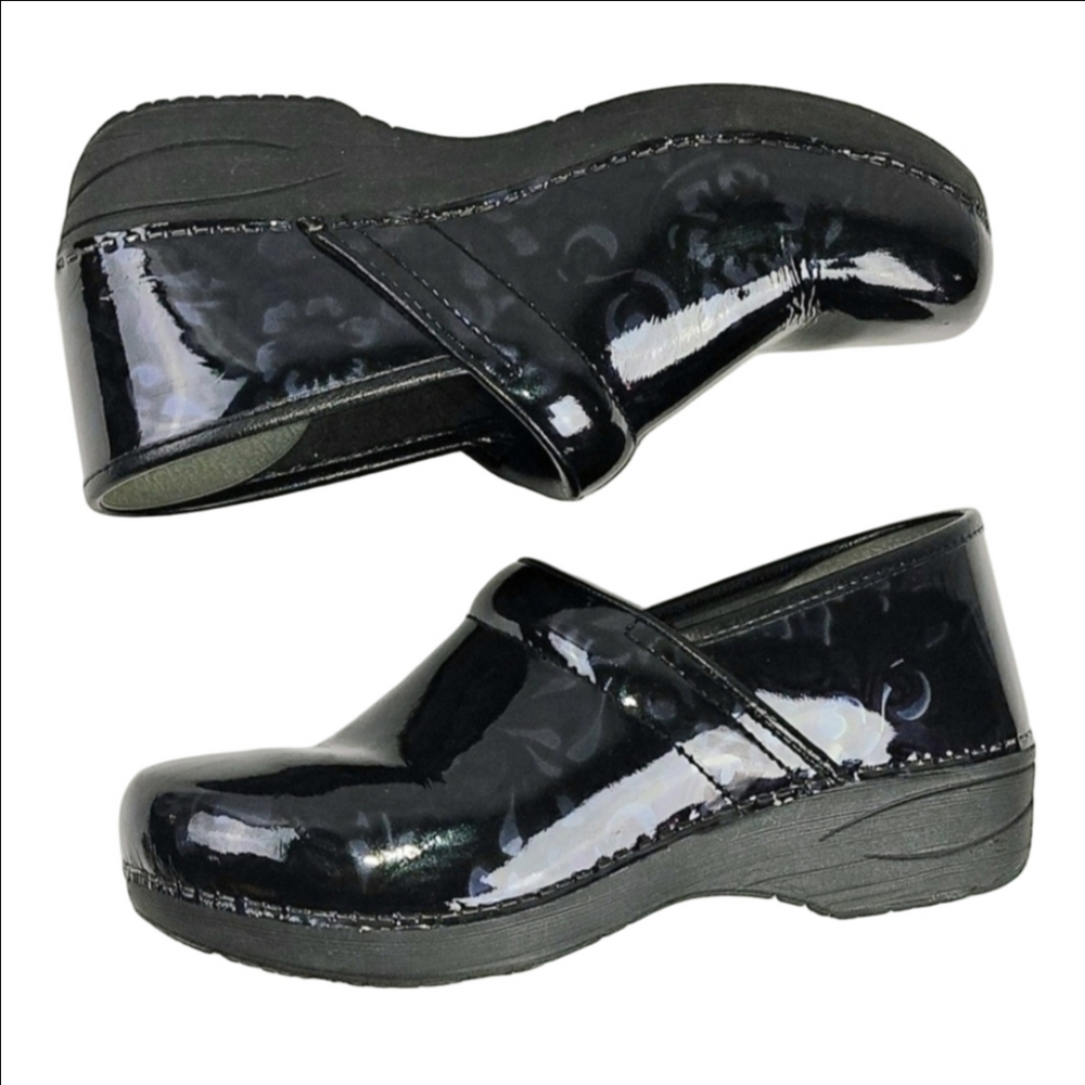 Dansko XP 2.0 Leather Shiny Black Blue Floral Print Professional Comfort Clog